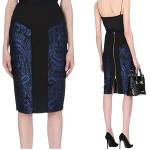 TED BAKER Carron Jaquard Panel Pencil Skirt Blue Black Wool Blend